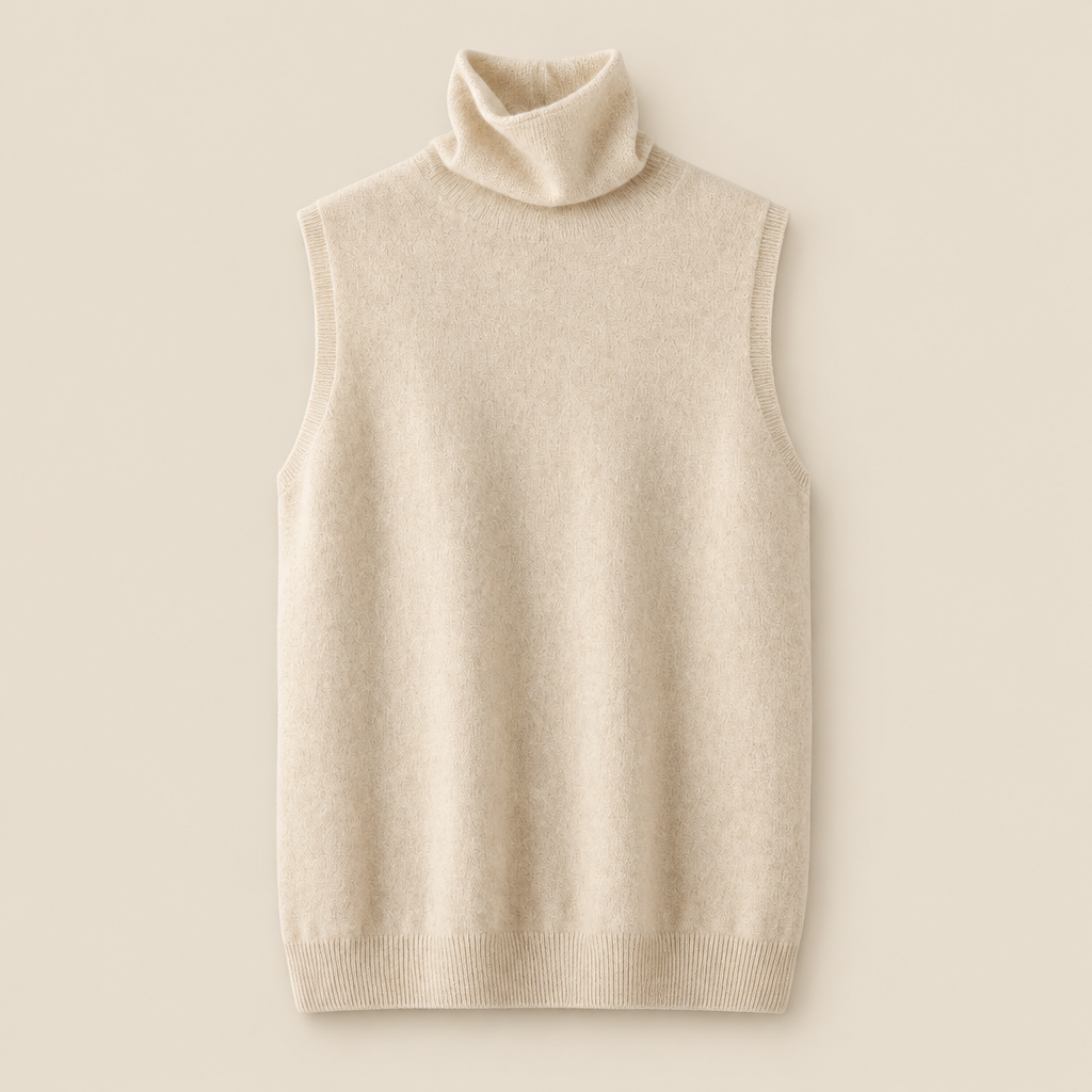 Chaleco cuello alto beige fondo crema