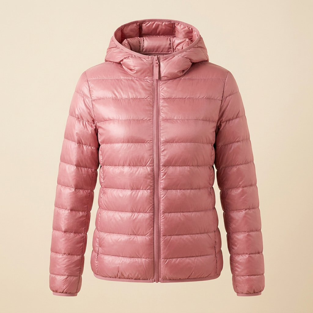 Chaqueta puffer rosa sobre fondo beige crema
