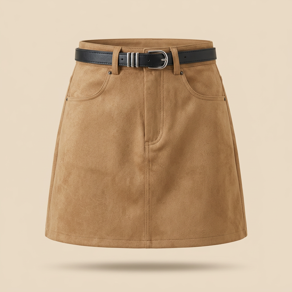 Falda camel con cinturón sobre fondo beige crema